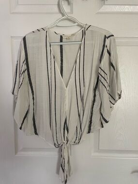 lovestitch White and Black/ dark grey Striped Tie-Front V-Neck Blouse size S